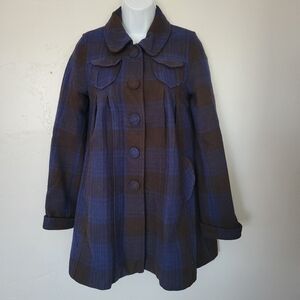 Divided H&M Women's 4 Blue Brown Plaid Pea Coat Wool Blend Button Front Winter